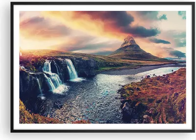 Produktbild von Gerahmtes Poster - Schwarzer Rahmen - Wasserfall Himmel Berg - 100x70 cm - Wand Bild - Wanddeko - Wandbilder - Kunstposter - Wandposter - Bilderrahmen - Bilder - Kunstdruck - P2BAA100x70-5111