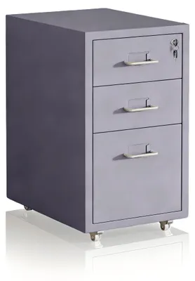 Produktbild von Relaxdays Rollcontainer, 3 Schubladen, HxBxT: 45,5 x 28 x 41 cm, abschließbar, Aktenschrank auf Rollen, Metall, grau