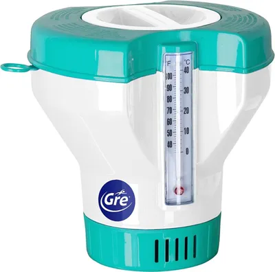 A floating pool chemical dispenser with a built-in thermometer.