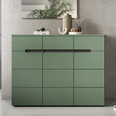 Produktbild von Flur Schuhschrank mit 120 cm Breite in Grün & Grau, 3 Türen & 3 Schubladen - CORTANA-158