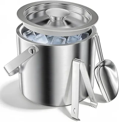 Immagine prodotto di Contenitore per cubetti di ghiaccio in acciaio inossidabile con coperchio - Grande - A doppia parete - Include pinza e cucchiaio - Secchetto isolato per bottiglie - Ideale per feste di compleanno