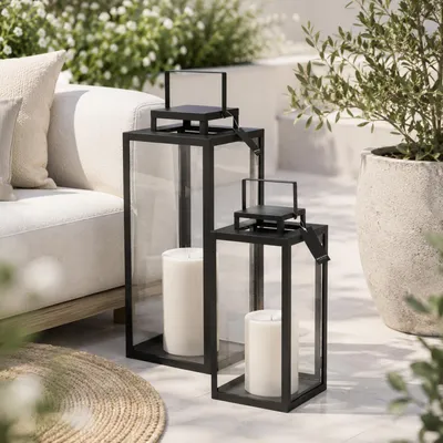 2tlg Metall Laternen Set Schwarz Gartenlaterne Windlicht H50/40cm