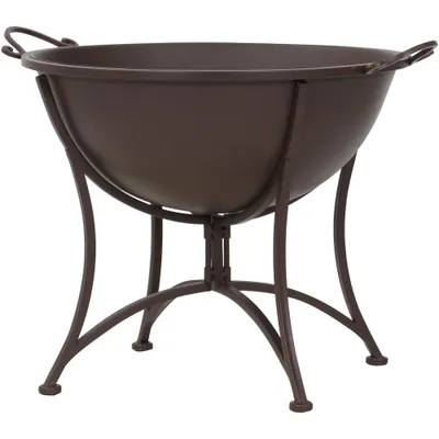 A brown metal fire bowl on a stand, shown against a white background.