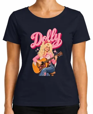 Imagen del producto de Camiseta para mujer con diseño de Dolly Parton, cantante de música country, con motivos de guitarra, vaquera, estilo western y retro. Color: azul marino. Talla: 3XL