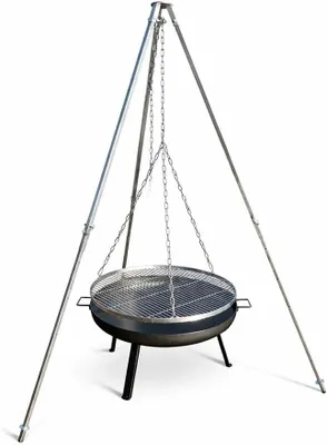 Imagen del producto de Trípode con fogón y parrilla giratoria, con altura ajustable, de acero inoxidable, accesorios para barbacoa para exteriores