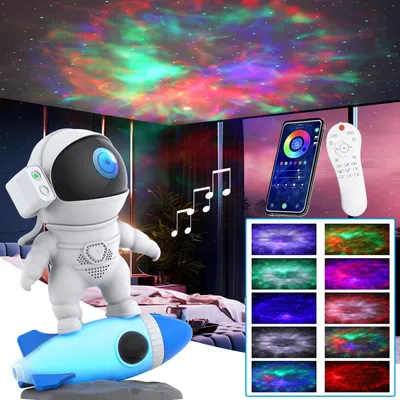 Zdjęcie produktu dla Astronauta projektor gwiaździstego nieba z głośnikiem, projektor Galaxy ściemnialny timer 360 ° regulowana synchronizacja muzyki APP, rakieta nocna dekoracja pokoju wewnętrznego