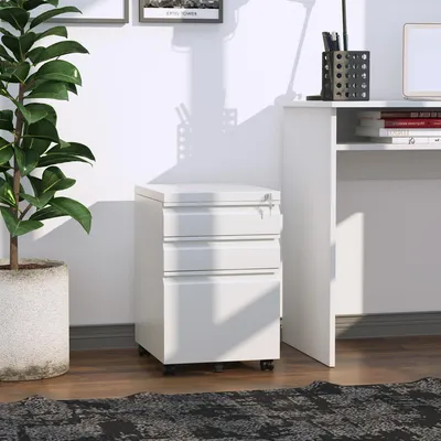 Produktbild von SUGIFT Rollcontainer Stahl abschließbar, 3 Schubladen Bürocontainer, Aktenschrank auf Rollen, Weiß | 39 x 48 x 60 cm | 18,5 kg | Zentralschloss