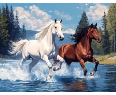 Image de Mosaïque diamantée représentant des chevaux au galop dans une rivière, dimensions 30x40 cm. Créations artistiques en diamants