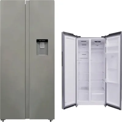 A split image showing a closed silver side-by-side refrigerator on the left and an open refrigerator of the same model on the right.