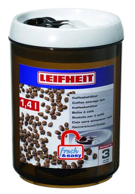 A brown coffee storage container with a blue label featuring coffee beans and product information.
