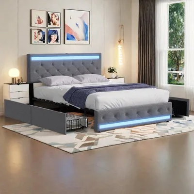 Image de Lit double 140x200 cm en tissu gris lin, avec éclairage LED et quatre tiroirs de rangement