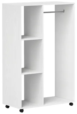 Zdjęcie produktu dla Szafka na ubrania Moonbite, 80 x 40 x 128 cm, z otwartą garderobą, drążkiem na wieszaki, 3 półkami, 2 kółkami z hamulcem, płyta wiórowa, biały kolor