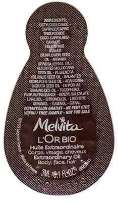 Zdjęcie produktu dla Melvita L'or Bio, organiczne olej pielęgnacyjny do ciała, twarzy i włosów, do stosowania zarówno w dzień, jak i w nocy, próbka 3 ml
