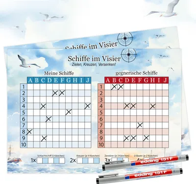 Produktbild von Schiffe versenken Spiel abwischbar - 2x A4 inkl. Stifte | Das Klassiker Spiel Schiffe versenken feucht abwischbar | Extra Große Schrift für Senioren | Spiel 2 Personen