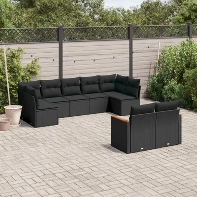 Produktbild von Design 9-tlg. Garten-Sofagarnitur mit Kissen Schwarz Poly Rattan, Gartenmöbel-Sets 2024 Neu