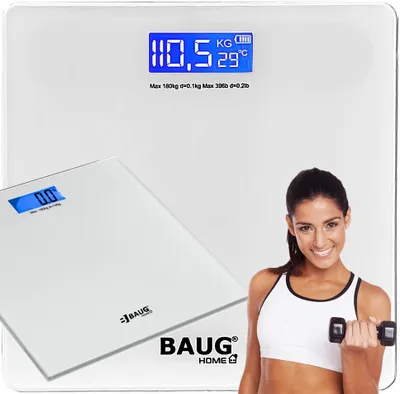 BAUG B8201 digitale Personenwaage, bis 180 kg, Glasplattform, LCD-Anzeige, weiß