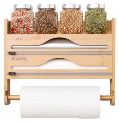 Immagine prodotto di Portarotoli da cucina 4-in-1, in bambù, da montare a parete, per la cucina