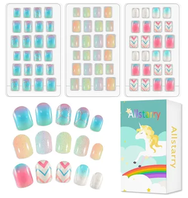 Productafbeelding van Nagellakstickers voor kinderen, 72 stuks, regenboog, glitter, kleurverloop, al aangebracht, korte kunstnagels, cadeau voor meisjes van 7-12 jaar