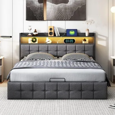 Imagen del producto de Cama - Tejido de lino gris acolchado - Con estructura de cama hidráulica y cabecero - Sin colchón