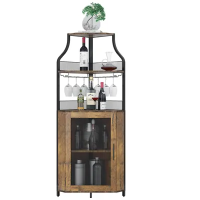 Image de Armoire à vin d'angle avec étagère à vin amovible Armoire de bar à vin avec porte de grange étagères réglables, armoire à vin pour salle à manger, salon, cuisine