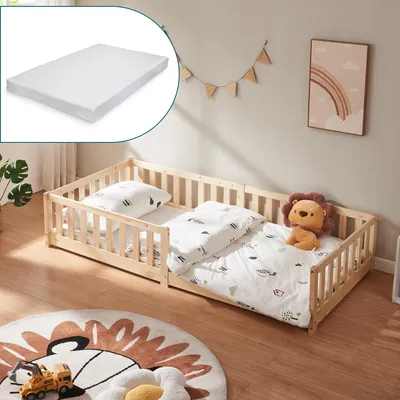 Image de Lit d'enfant 'Tanna' lit de sol avec matelas 90 x 200 cm Lit Montessori avec protection contre les chutes Pin naturel
