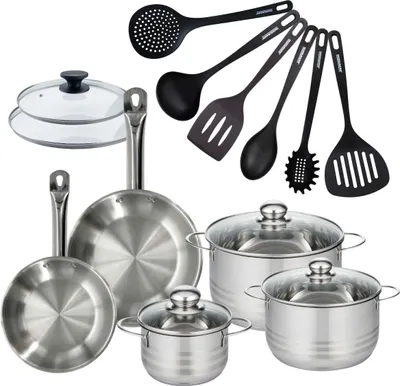 Image de Batterie de cuisine 2 poêles 20/24 cm et couvercles, 3 faitouts 16/20/24 cm et 6 ustensiles Fackelmann Eterna
