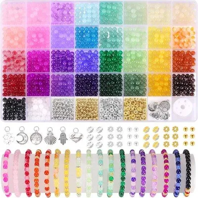 Produktbild von Glasperlen - 1200 Stück - 6 mm - Runde Kristallperlen - 34 Farben - Perlen für Armbänder, Ohrringe und Halsketten - Mit Zwischenperlen und Anhängern