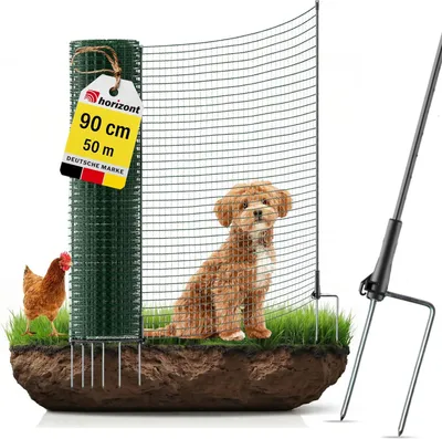 Produktbild von horizont Hundezaun 50 m x 90 cm, 30 Pfähle mit Doppelspitze, engmaschig – Begrenzungszaun FIX – Gartenzaun zum Stecken, Weidezaun, Hühnerzaun – Mobiler Zaun für Hunde & Camping 50m