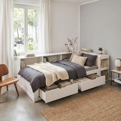 Produktbild von Funktionsbett Ausziehbett 90x200 bis 180x200 cm, Bettgestell mit Schreibtisch, 2 Schubladen & Lattenrost, inkl. Steckdose, Mattweiß
