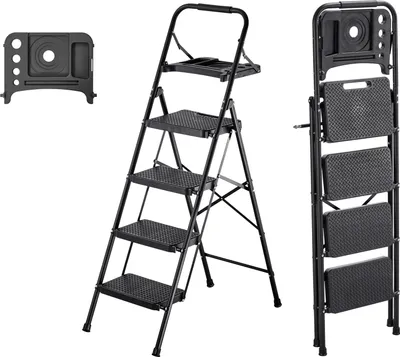 Zdjęcie produktu dla Drabina SucceBuy z 4 stopniami, drabina składana z półką na narzędzia i ergonomicznym uchwytem, drabina domowa o nośności do 272 kg, wszechstronna drabina do kuchni, gospodarstwa domowego i biura, czarna