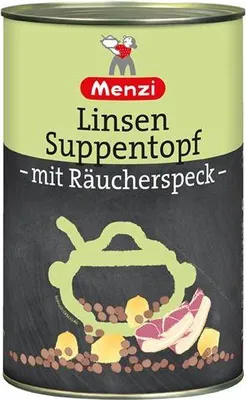 Produktbild von Menzi Linsen Suppentopf 4200 G Dose  mit Räucherspeck verfeinert Tafelfertig Proteinquelle Ohne geschmacksverstärkende Zusatzstoffe
