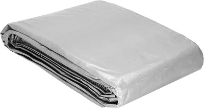 A folded silver tarp is shown on a white background.