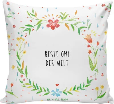 Produktbild von Mr. & Mrs. Panda Polsterkissen Omi - Weiß - Geschenk, Kissen 40x40, Kuschelkissen, Großmama, Omi. Großpapa, Enkelin, für sofa, Oma, Deko, Enkelkind, bedruckt
