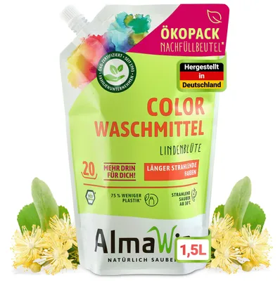Produktbild von AlmaWin® Color Waschmittel flüssig [1,5L - 20 Ladungen] mit Lindenblüten-Duft für strahlende Reinheit - Öko Waschmittel Color 30-60°C - Flüssigwaschmittel Vegan im Öko-Pack Nachfüllbeutel