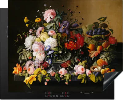 Produktbild von KitchenYeah© Herdabdeckplatte Stilleben mit Blumen und Früchten - Kunstwerk - Alte Meister , 65x52cm, Küche Deko, Glaskeramikkochfeld Herdabdeckung, Abdeckplatte fùr Kochfeld
