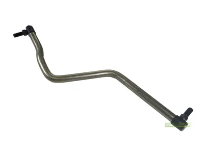 A metal steering rod with black connectors on a white background.