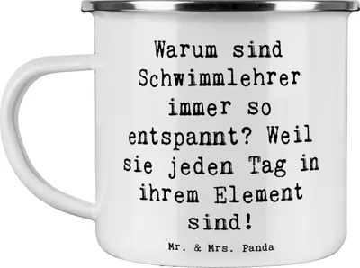 Produktbild von Mr. & Mrs. Panda Teetasse Spruch Entspannte Schwimmlehrer - Weiß - Geschenk, Fitness, Berufsalltag, Berufsgestaltung, Sportlehrer, Schwimmkurse, Pott, Emaille Becher