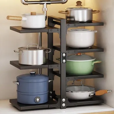 Immagine prodotto di Organizer regolabile per pentole e padelle Unyqoos® a sette ripiani per uno spazio di stoccaggio ottimale in cucina