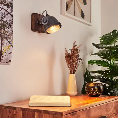 Produktbild von Biati »Biati« Zimmerlampe in Metall und Holz in Braun und Grau, Glasschirm