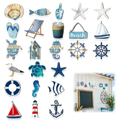 24er-Set maritime Holz-Wanddekoration mit Meeresmotiven
