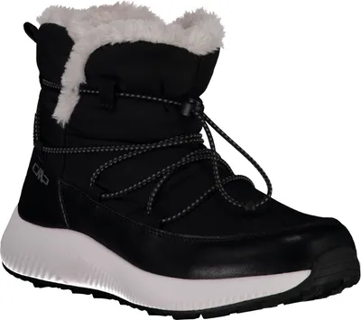 A black winter boot with white fur trim and a white sole, shown from the side against a white background.