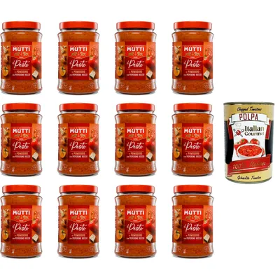 Produktbild von 12x Mutti Pesto arancione di pomodoro, -45% des Fetts, Pesto mit gelben Kirschtomaten, Mandeln und Pecorino -Käse 180g + Italian Gourmet polpa 400g