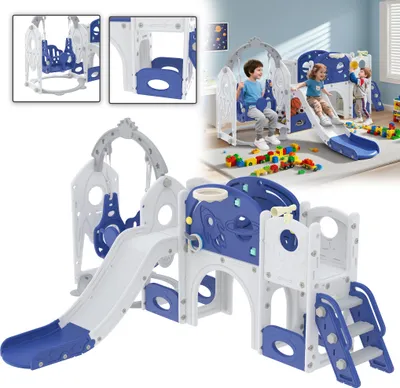 Produktbild von LZQ 9-in-1 Kinder Rutsche 1-3 Jahre, Babyrutsche mit Schaukel, Basketballkorb, Tunnel & Teleskop, Indoor/Outdoor Spielplatz mit Kletterleiter