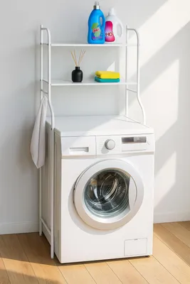 Produktbild von Metall-Waschmaschinenregal 65x25x152 cm weiß – stabiles Badregal mit 2 Ablagen, platzsparend & langlebig, ideal für Waschmaschine & Trockner