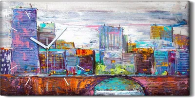 Produktbild von Wanduhr Leinwand Bild Uhr Kunstdruck 60x30 Abstrakte Malerei Stadtlandschaft - weiße Hände