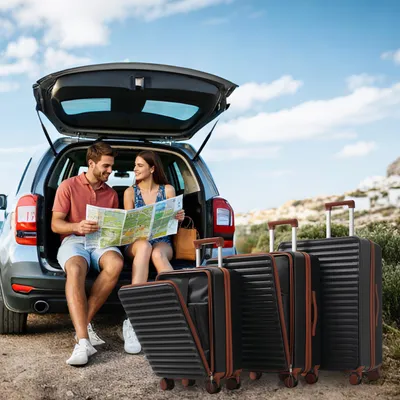 Produktbild von Flieks Kofferset Reisekofferset 3 tlg., Fronttaschen, klappbare Getränkehalter, Rollkofferset mit 4 Rollen und Schloss, Hartschale Trolley, Schwarz