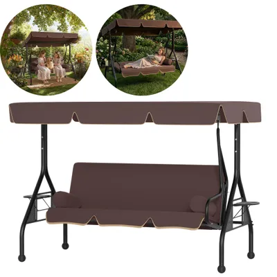Image de Balançoire de jardin TRMLBE pour 3 personnes, balancelle avec fonction bain de soleil et auvent réglable, résistante aux UV, marron foncé, 185 x 113 x 163 cm