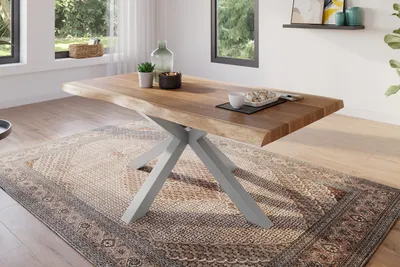 Produktbild von Esstisch 180 x 90 cm Akazie massiv natur Baumkantentisch Spider-Gestell silber ATLAS
