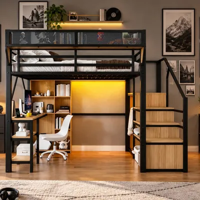 Produktbild von Merax Hochbett Etagenbett 140x200 cm mit Schreibtisch, Kinderbett mit Stauraumtreppe, Bücherregal, LED-Beleuchtung und Steckdose, Metallbett, Schwarz