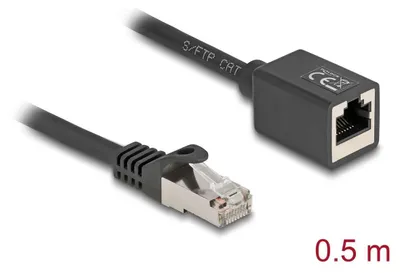 Productafbeelding van Delock - Netwerkkabel verlengerstuk - RJ-45 (M) naar RJ-45 (V) - 50 cm - 6 mm - S/FTP - CAT 6a - halogenvrij, stekkerbezetting 1:1, zonder haak - Zwart